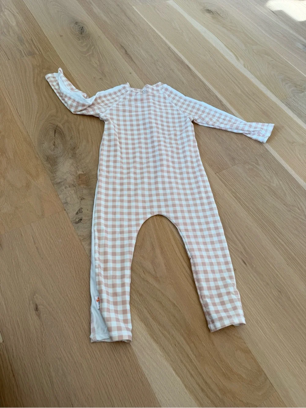 Kids Long-Sleeve Zip Rashguard One-Piece in Light Pink Gingham 3/4T